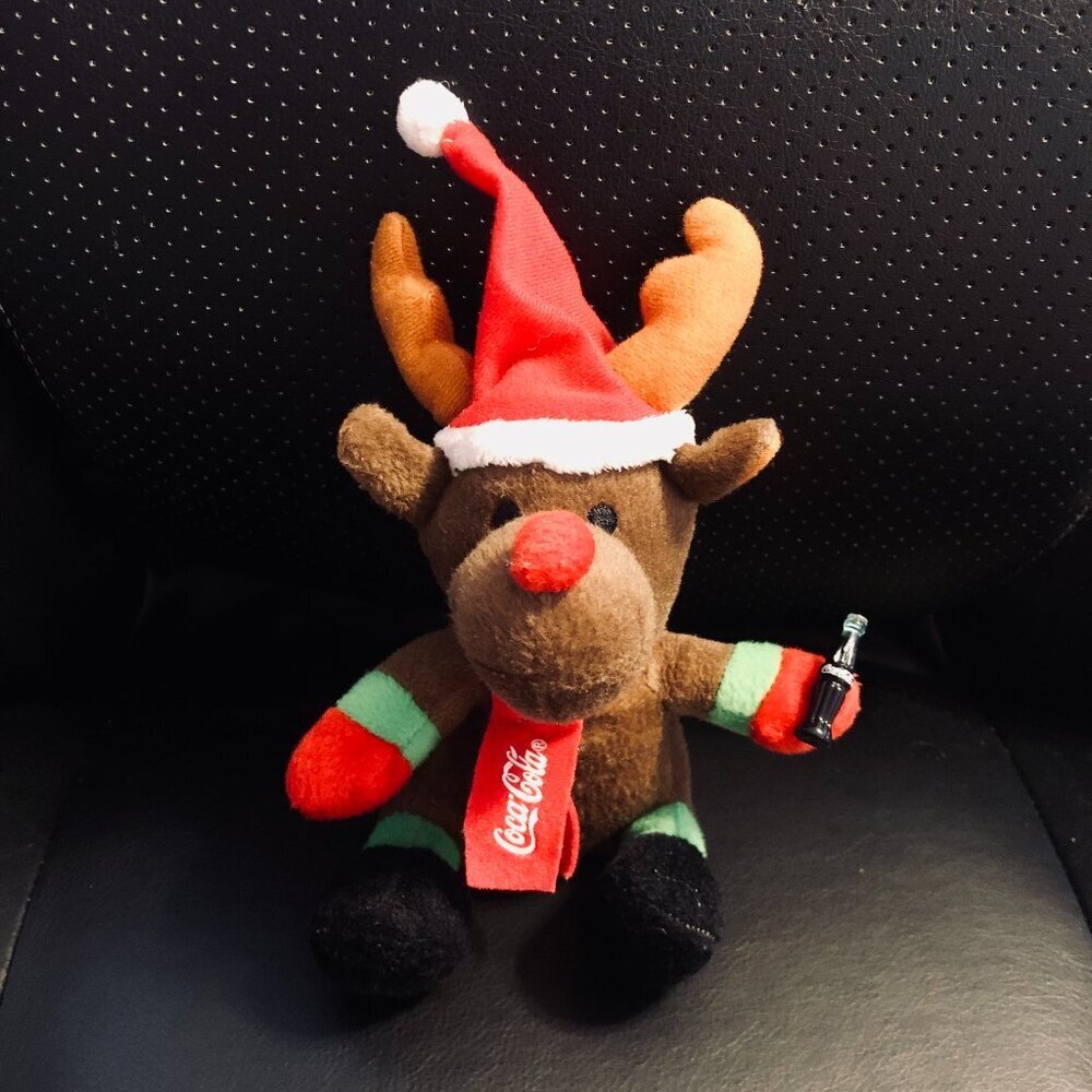 Coca-Cola Christmas Reindeer Plush 9" Holding Coke Bottle Santa Hat Holiday Toy
